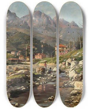 Triptych art skateboard deck of Peder Mrk Mnsted Parti Fra Valle Du Borrigo Sydstfrankrig by Peder Mork Monsted (1859-1941)