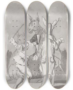 Triptych art skateboard deck of Francisco De Goya Masquerading Asses Being Whipped By A Man by Francisco de Goya (1746-1828)