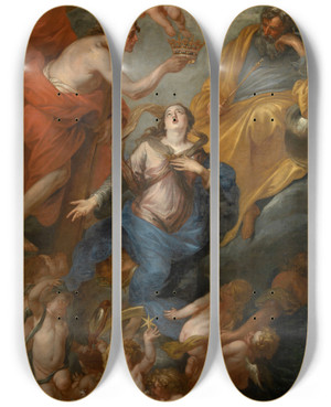 Triptych art skateboard deck of Thomas Willeboirts Bosschaert Coronation Of Mary by Thomas Willeboirts Bosschaert (1614-1654)