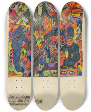 Triptych art skateboard deck of Karl Wiener Das Altbekannte Originelle Abendlokal by Karl Wiener (1901-1949)