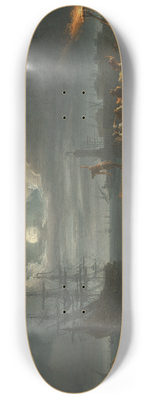 Francesco Fidanza - A moonlit Mediterranean harbour with fishermen pulling in their catch, a full-rigged pinnace and other shipping beyond 8.25 inch art skate deck