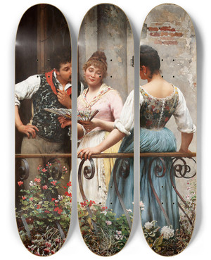 Triptych art skateboard deck of Eugen Von Blaas A Favourite Fan by Eugen Von Blaas (1843-1931)