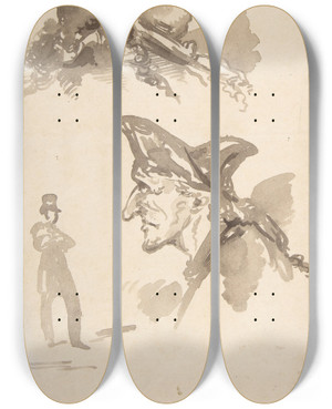Triptych art skateboard deck of Jeanbaptiste Isabey Two Male Heads In Profile And Standing Man by Jean-Baptiste Isabey (1767-1855)