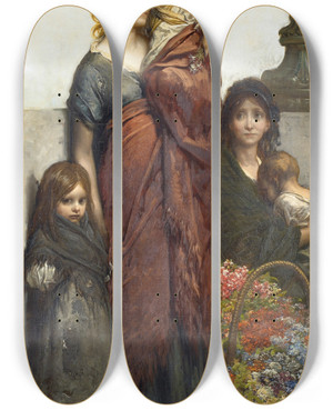 Triptych art skateboard deck of Gustave Dor Flower Sellers Of London by Gustave Dore (1832-1883)