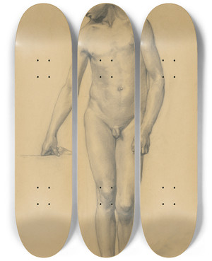 Triptych art skateboard deck of Jozef Hanula A Study Of A Boys Nude Resting On A Pedestal by Jozef Hanula (1863-1944)