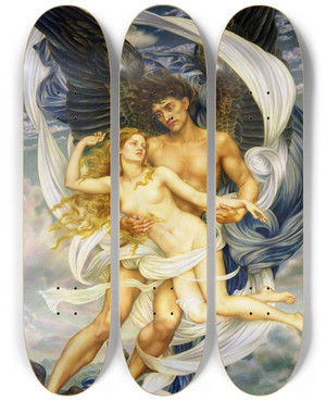 Triptych art skateboard deck of Evelyn De Morgan Boreas And Oreithyia by Evelyn De Morgan (1855-1919)