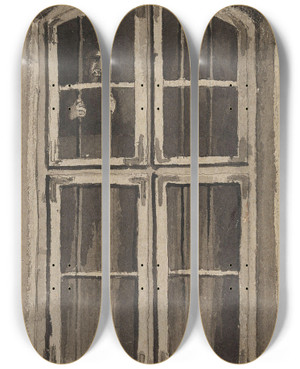 Triptych art skateboard deck of Gustav Wentzel Figure Behind A Barred Window by Gustav Wentzel (1859-1927)