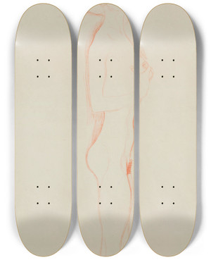 Triptych art skateboard deck of Gustav Klimt Naked Girl Standing With Right Hand To Breast by Gustav Klimt (1862-1918)