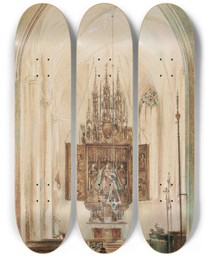 Triptych art skateboard deck of Rudolf Von Alt The Marian Altar In The Church Of Hallstatt by Rudolf Von Alt (1812-1905)