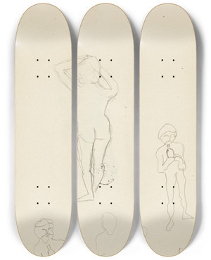 Triptych art skateboard deck of Adolf Sternschuss Akt Stojcej Tyem Kobiety I Dwa Akty Mczyzn Z Butelk Lune Szkice by Adolf Sternschuss (1873-1915)
