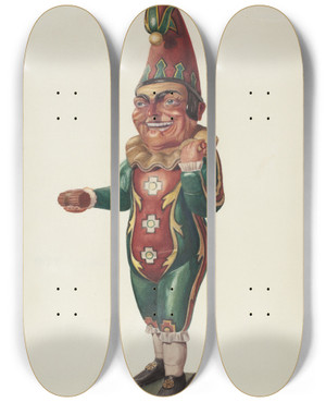 Triptych art skateboard deck of Elmer R Kottcamp Cigar Store Figure Punch by Elmer R Kottcamp