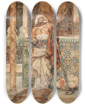 Triptych art skateboard deck of Antonio Fabrs The Palace Guard by Antonio Fabres (1854-1938)