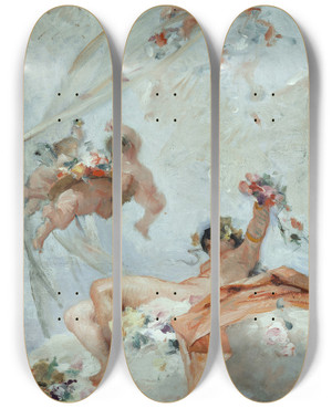 Triptych art skateboard deck of Gabriel Ferrier Les Fleurs_1 by Gabriel Ferrier (1847-1914)