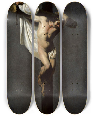 Triptych art skateboard deck of Michelangelo Cerquozzi The Thief On The Cross by Michelangelo Cerquozzi (1602-1660)