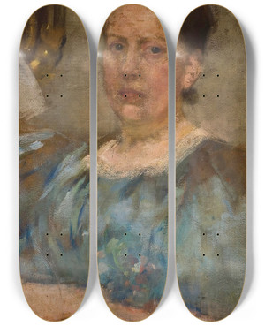 Triptych art skateboard deck of Olga Boznanska Portrait Of A Woman In A Blue Blouse by Olga Boznanska (1865-1940)