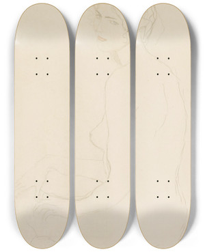 Triptych art skateboard deck of Gustav Klimt Sitzender Akt Nach Links Seated Nude Turned To The Left by Gustav Klimt (1862-1918)