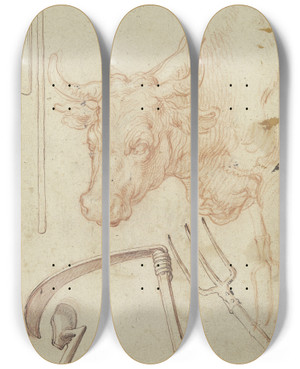 Triptych art skateboard deck of Abraham Bloemaert Studienblatt Landwirtschaftliche Gerte Und Ein Stierkopf by Abraham Bloemaert (1564-1651)