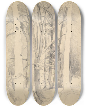 Triptych art skateboard deck of Carl Hummel Trees Near Diessen by Carl Hummel (1821-1907)