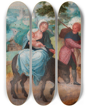 Triptych art skateboard deck of Adriaen Isenbrandt Flight Into Egypt by Adriaen Isenbrandt (1480-1551)