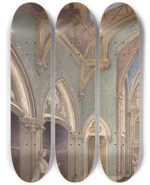 Triptych art skateboard deck of Julesedmondcharles Lachaise View Of Interior With Figures Saint Clotilde by Jules-Edmond-Charles Lachaise (1897)