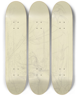 Triptych art skateboard deck of Carl Spitzweg Mdchen Am Fenster Einen Blumenstock Umarmend Darber Skizzen Zweier Mdchen by Carl Spitzweg (1808-1880)