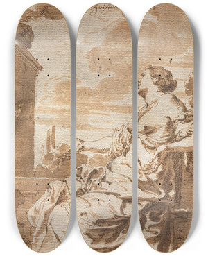 Triptych art skateboard deck of Johann Liss Allegory Of Christian Belief by Johann Liss (1597-1631)