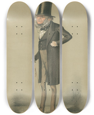 Triptych art skateboard deck of Carlo Pellegrini Prime Ministers It Is His Mission To Stem The Tide Of Democracy The Earl Of Derby 29 May 1869 by Carlo Pellegrini (1839-1889)