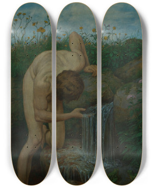 Triptych art skateboard deck of Hans Thoma Triptychon Die Quelle by Hans Thoma (1839-1924)