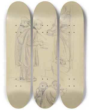 Triptych art skateboard deck of Jakob Frchtegott Dielmann Studienblatt Eine Frau An Der Haustr Gibt Zwei Bettlern Ein Stck Brot Darunter Eine Kniende Und Eine Sitzende Figur by Jakob Furchtegott Dielmann (1809-1885)