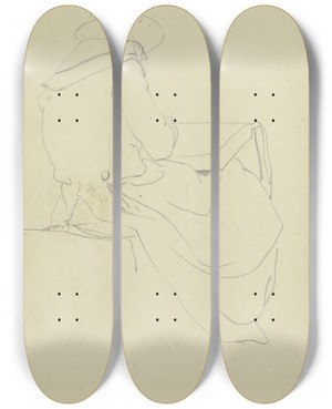 Triptych art skateboard deck of Wilhelm Von Kobell Sitzende Rckenfigur Eines Zeichners Mit Dem Skizzenbuch Auf Den Knien by Wilhelm von Kobell (1766-1853)