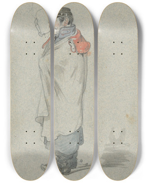 Triptych art skateboard deck of Friedrich Carl Von Scheidlin Soldier In A Cape by Friedrich Carl Von Scheidlin (1822-1913)