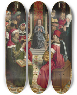 Triptych art skateboard deck of Master Of The Catholic Kings Christ Among The Doctors by Master Of The Catholic Kings (1485-1500)