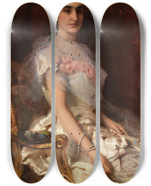 Triptych art skateboard deck of Konstantin Egorovich Makovsky Portrait Of An Elegant Lady With A Fan by Konstantin Egorovich Makovsky (1839-1915)