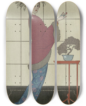 Triptych art skateboard deck of George Barbier Manteau De Damas Ros by George Barbier (1882-1932)
