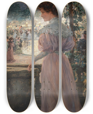 Triptych art skateboard deck of Wilhelm Gause Das Gartenfest by Wilhelm Gause (1853-1916)