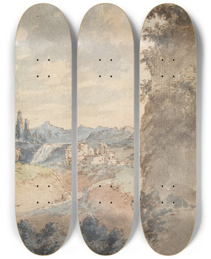 Triptych art skateboard deck of Francois Vivares Italian Landscape by Francois Vivares