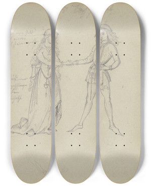Triptych art skateboard deck of Gustav Heinrich Naecke Liebespaar In Mittelalterlicher Tracht Darunter Details Des Schmucks by Gustav Heinrich Naecke (1786-1835)