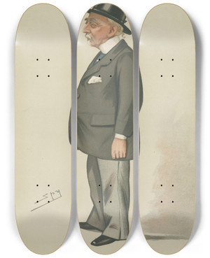 Triptych art skateboard deck of Leslie Matthew Ward Politicians East Sussex Mr Montagu David Scott 10 June 1882 by Leslie Matthew Ward (1851-1922)
