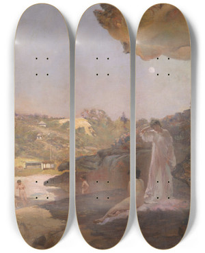 Triptych art skateboard deck of Julian Ashton Tamarama Beach Forty Years Ago A Summer Morning by Julian Ashton (1851-1942)