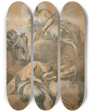 Triptych art skateboard deck of Jacob De Wit Diana Spying On Endymion by Jacob de Wit (1695-1754)