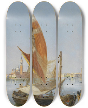 Triptych art skateboard deck of Antonietta Brandeis Fishing Boats In The Lagoon Venice by Antonietta Brandeis (1848-1926)