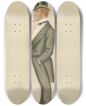 Triptych art skateboard deck of Leslie Matthew Ward Politicians Gentle And Liberal The Hon Frederick Stephen Archibald Hanburytracy May 17 1896 by Leslie Matthew Ward (1851-1922)