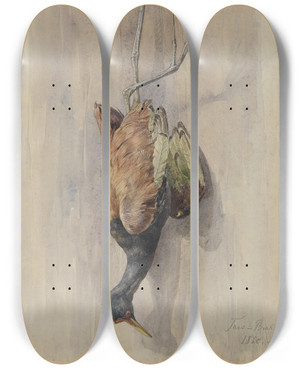Triptych art skateboard deck of Ferdinand Keller Studie Eines Toten Spornflglers by Ferdinand Keller (1842-1922)