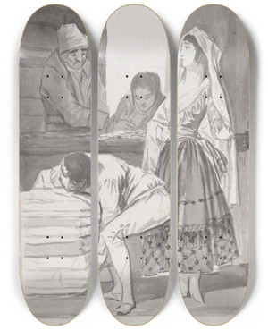 Triptych art skateboard deck of Francisco De Goya Generosity Versus Greed A Woman And Three Men Conducting A Transaction Inside A Shop by Francisco de Goya (1746-1828)