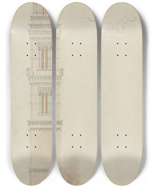 Triptych art skateboard deck of Lewis Vulliamy Unidentified Tower by Lewis Vulliamy (1791-1871)