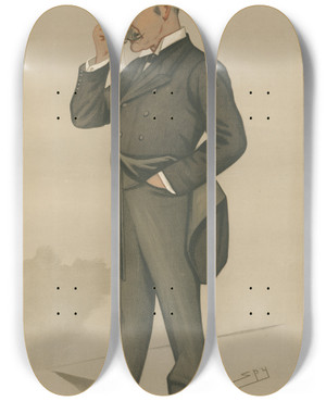 Triptych art skateboard deck of Leslie Matthew Ward Railway Officials A Railway Knight Sir Myles Fenton 4 January 1890 by Leslie Matthew Ward (1851-1922)