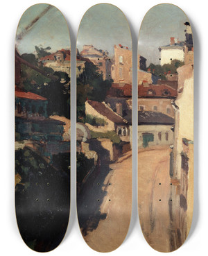 Triptych art skateboard deck of Auguste Louis Lepre La Rue Lepic Et Le Maquis De Montmartre by Auguste Louis Lepere (1849-1918)
