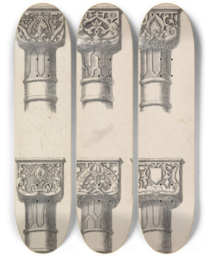 Triptych art skateboard deck of Henry Swinburne Six Capitals Of Columns In The Court Of Lions In The Alambra Of Granada by Henry Swinburne (1743-1803)