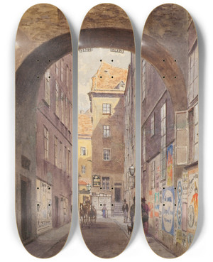 Triptych art skateboard deck of Ludwig Hans Fischer Die Bckerstrae In Wien by Ludwig Hans Fischer (1848-1915)