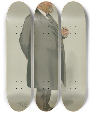 Triptych art skateboard deck of Leslie Matthew Ward Businessmen And Empire Builders He Has Engineered Nothing Better Than His Own Fortune Sir John Wolfebarry January 26 1905 by Leslie Matthew Ward (1851-1922)